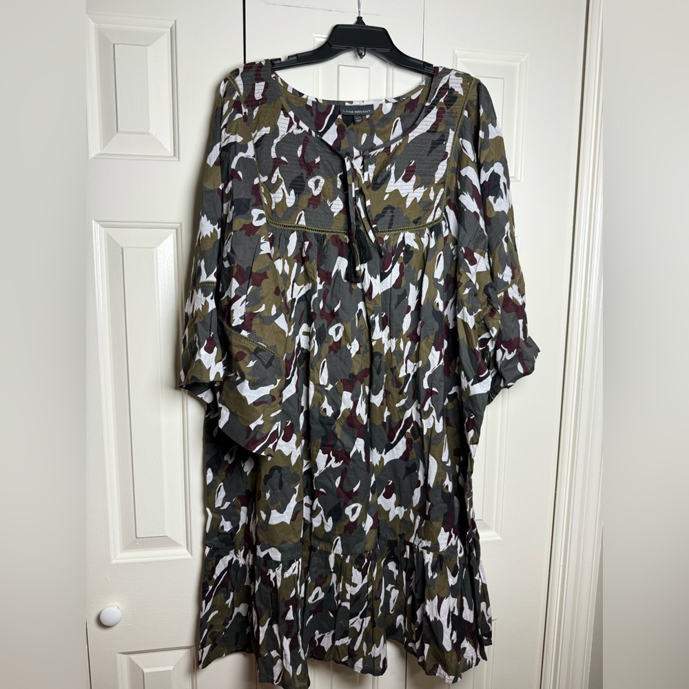 Lane Bryant Camo Print Abstract Boho Wide Sleeve Shorter‎ Midi Dress 22/24